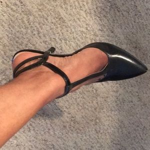 T strap black leather shoes